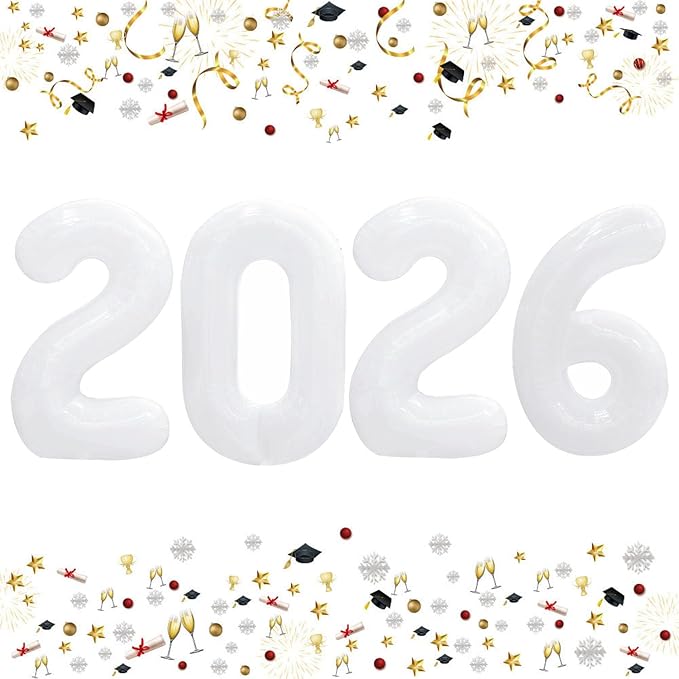 GOER 42 Inch 2026 Foil Number Balloons for 2026 New Year Eve Festival Party Supplies Graduation Decorations (White)