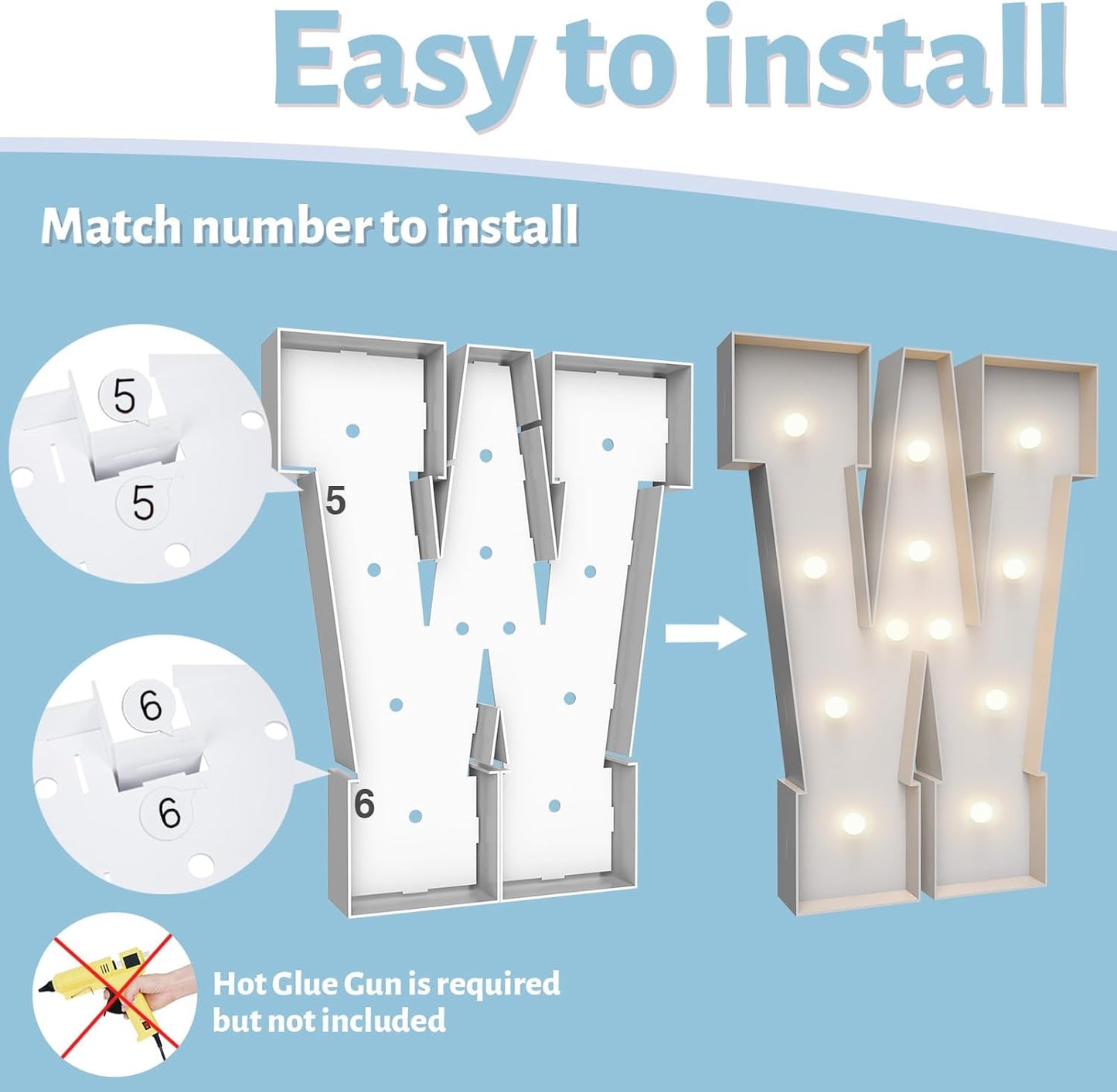 4FT Marquee Light Up Letters W,Party Decoration Large Marquee Light Up Letters with Weighted Water Bag,Pre-cut Foam Board Set Can Be Used for Birthdays,Weddings,Baby Anniversaries