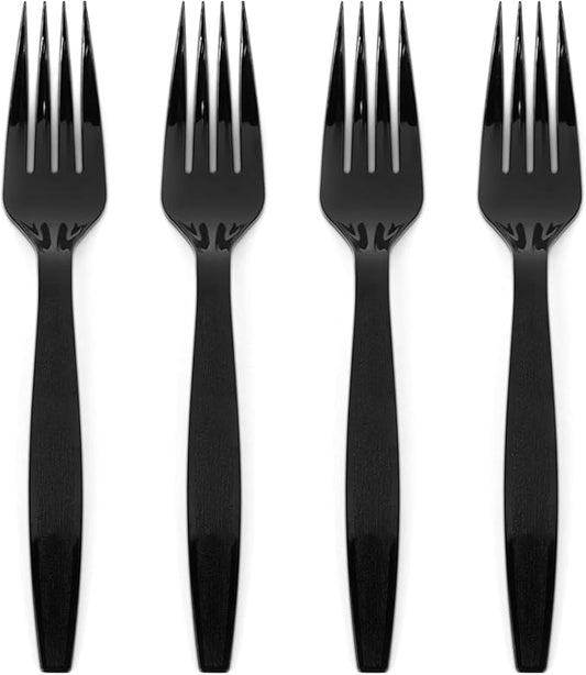Prestee 100 Pack Black Plastic Silverware Forks - Heavy Duty Forks Disposable for Parties, Weddings, and Holidays - Elegant Heavyweight Cutlery and Flatware Set for Events and Celebrations