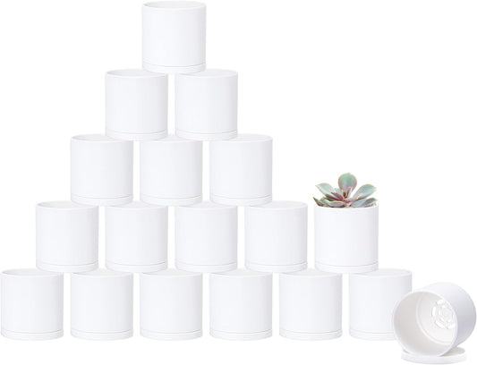 D'vine Dev 18 Pack 2.5 Inch Mini Plastic Plant Pots, Small Garden Planters for Plant with Drainage Holes and Saucers, White Color, 74-Z-B-5