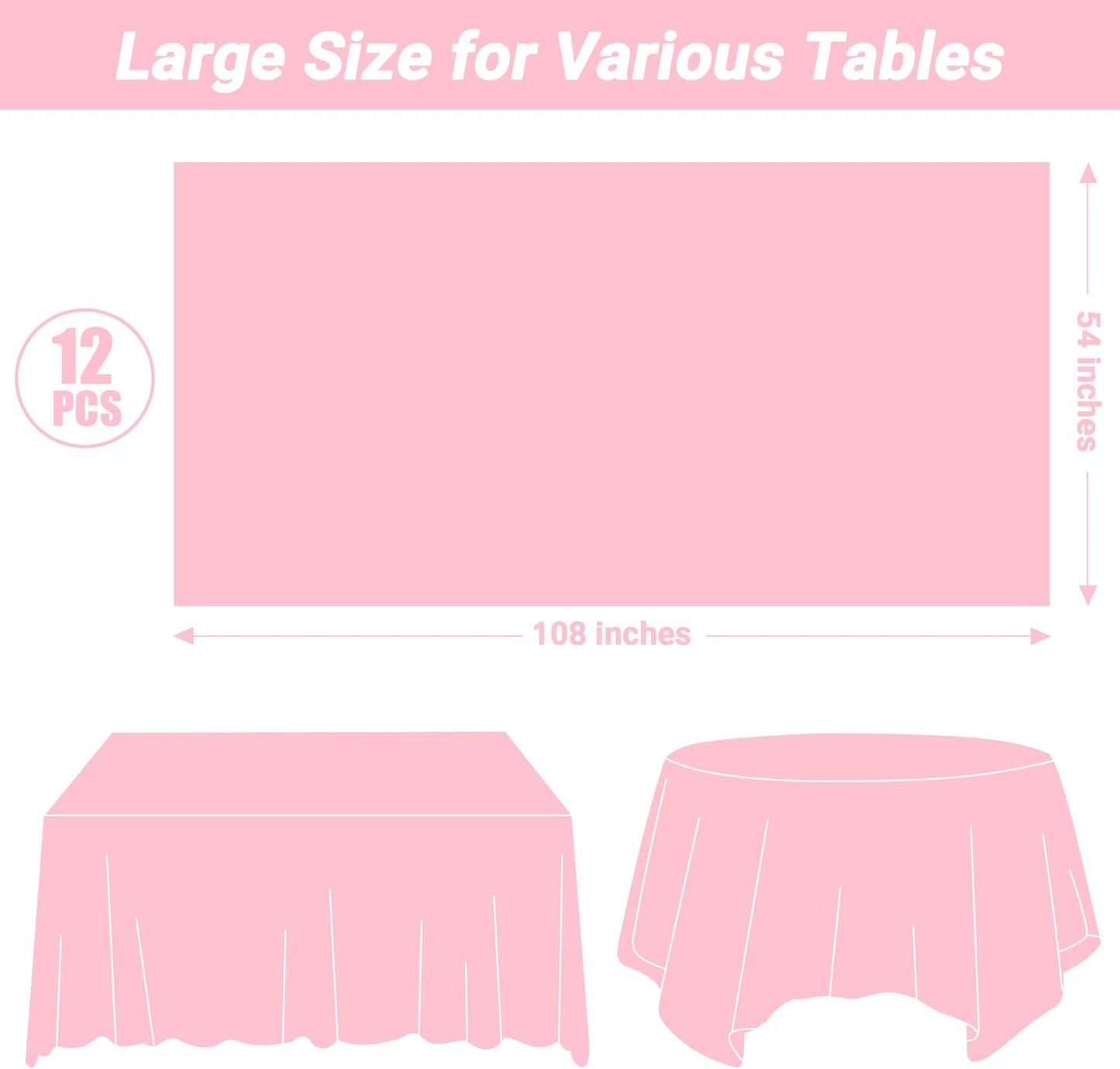 QZYL 12 PCS Pink Table Cloth Rectangle, Plastic Disposable Tablecloths, Decorative Plastic Tablecover, 54 X 108 in Smooth Outdoor Tablecloth, Table Decoration for Parties Picnics Birthdays Weddings