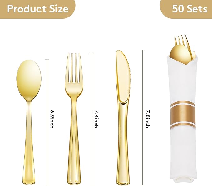 Goodluck 50 Pack Pre Rolled Gold Plastic Silverware, Wrapped Plastic Cutlery Set with Napkin Include 50 Forks, 50 Knives, 50 Spoons and 50 Napkins, Fancy Disposable Silverware for Party, Wedding