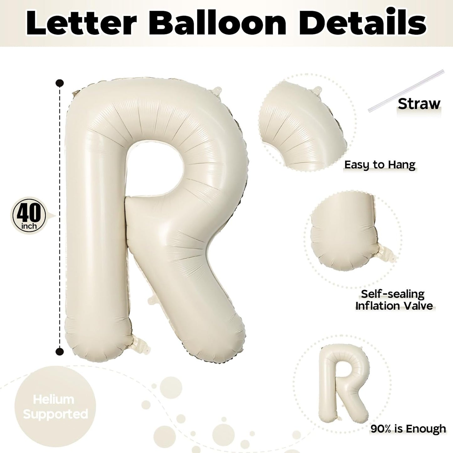 Big Alphabet Foil Word Balloons - 40 Inch Cream, Beige & White Large Inflatable Name Balloons for Women's Birthday Party Decoration