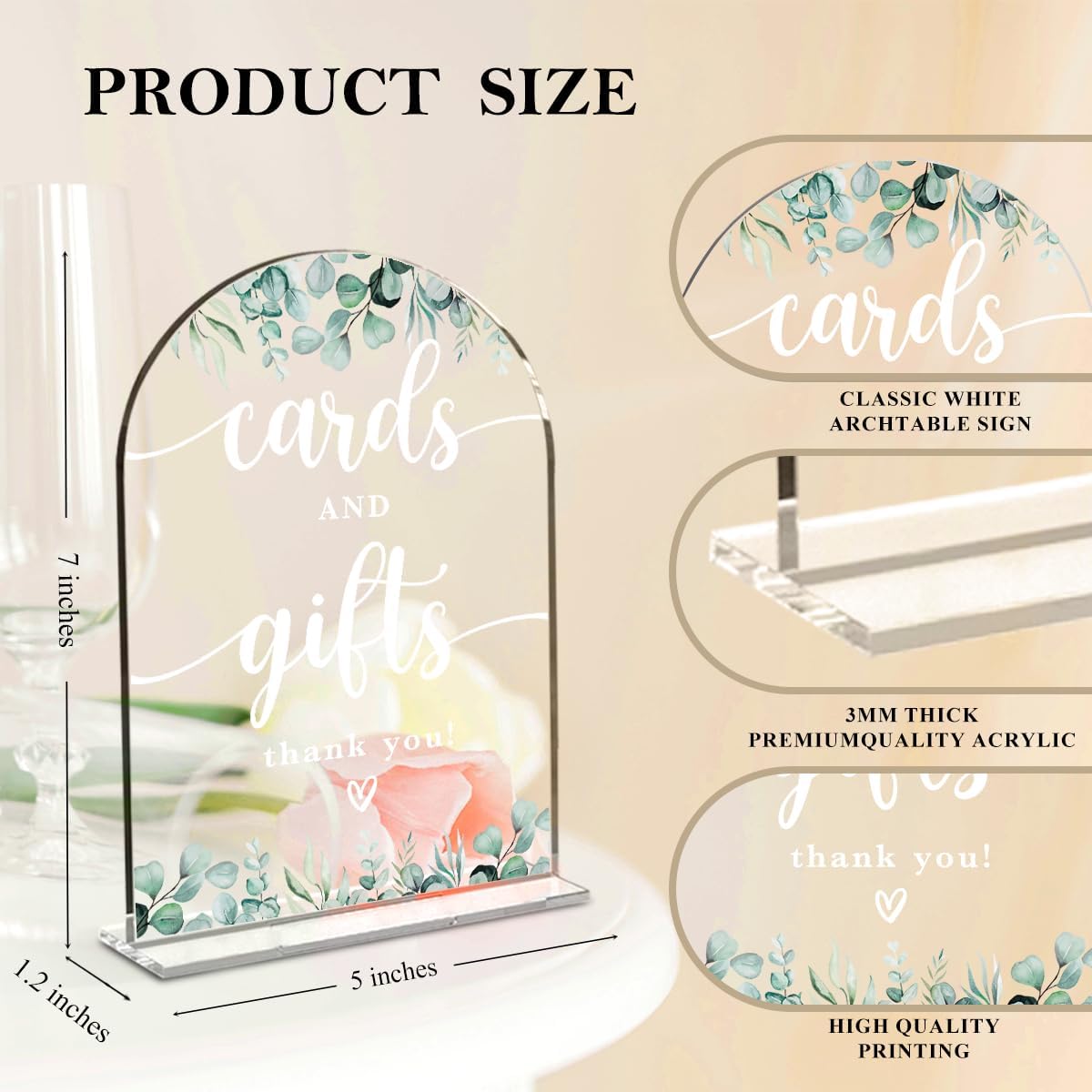 4 Pcs Acrylic Wedding Signs for Reception, Bridal Shower Decorations, Cards and Gifts Signs, Guest Book Sign, Arch Acrylic Table Top Sign with Holder for Wedding Reception (Clear Eucalyptus Leaves)