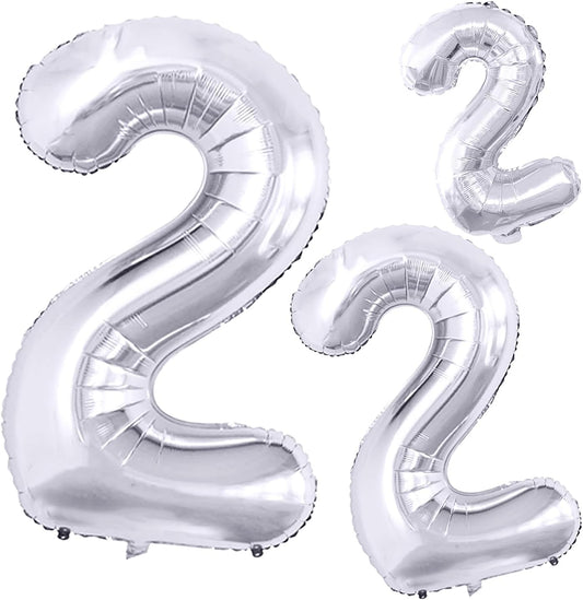 GOER Silver Number 2 Foil Balloons,Huge Number Balloons for 2nd 22nd Birthday Party Supplies Anniversary Decorations(3 pcs,42 inch,32 inc,16inch)
