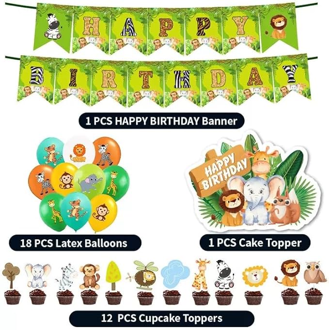 Safari Jungle Animal Birthday Party Decorations – 32 PCS Happy Birthday Banner, 18 Balloons, 12 Cupcake Toppers & 1 Cake Topper – Safari Party Supplies for Kids Boys Girls, Baby Shower, Zoo Theme