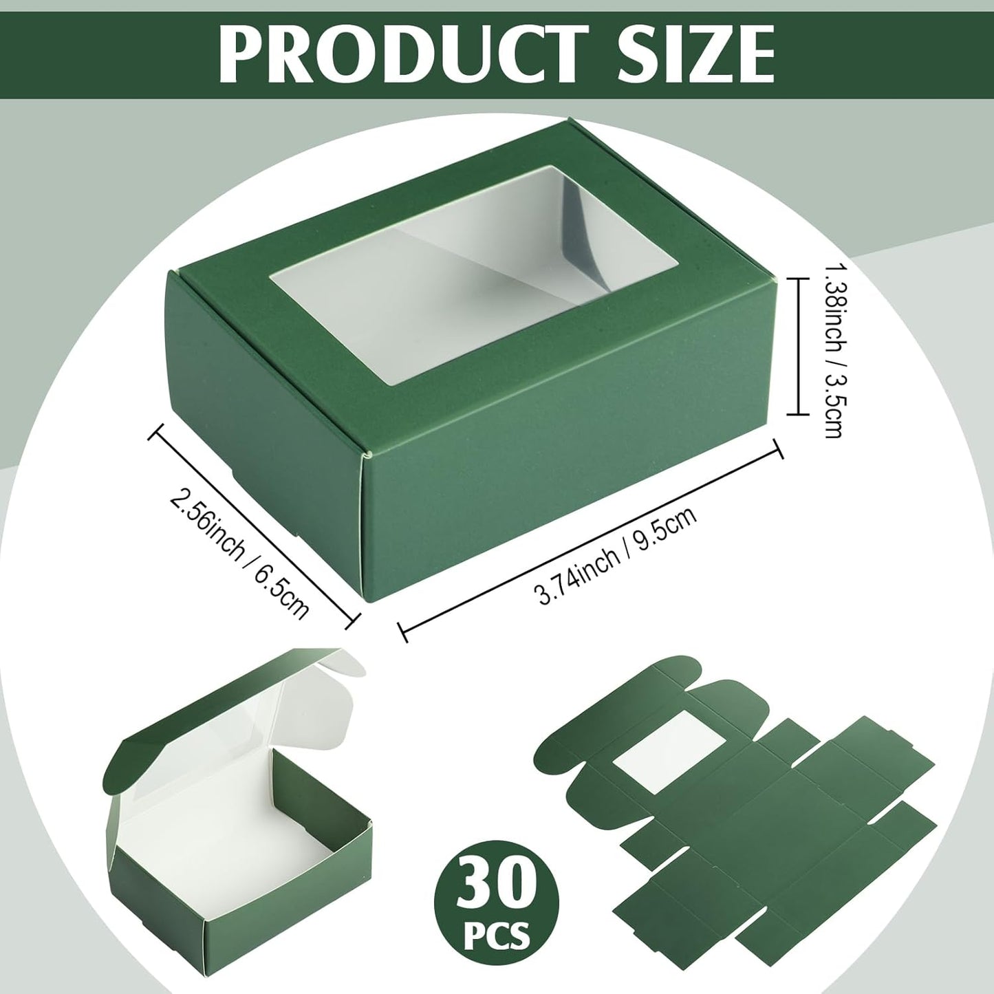 Zonon 30 Pcs Soap Boxes for Homemade Packaging, Mini Kraft Treat Boxes with Window for Bakery Candy Soap Making Gift Packaging(3.7 x 2.6 x 1.37 Inch,Green)