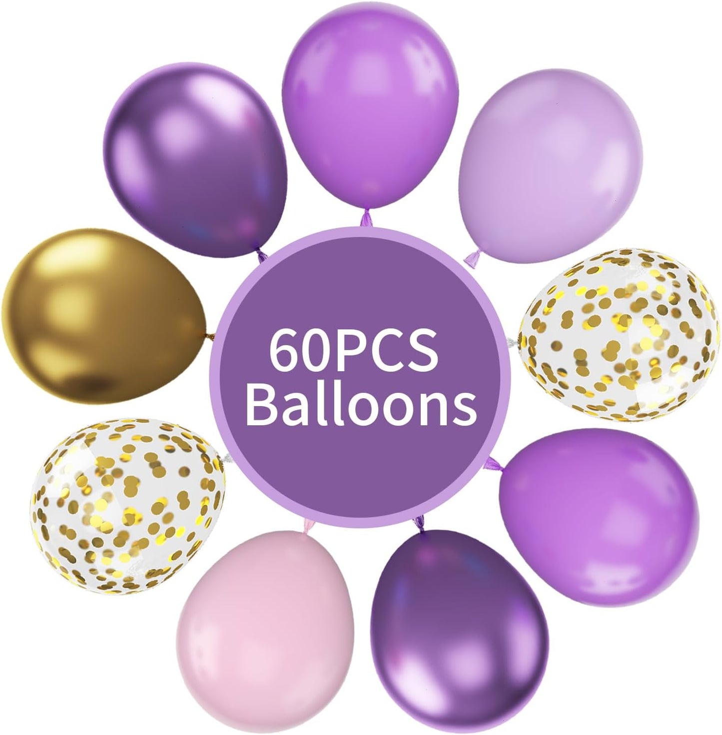Pink and Purple Balloons, 60Pcs Pastel 12 Inch Metallic Gold Confetti Latex Balloons for Girls Birthday Baby Shower Bridal Butterfly Party Decorations