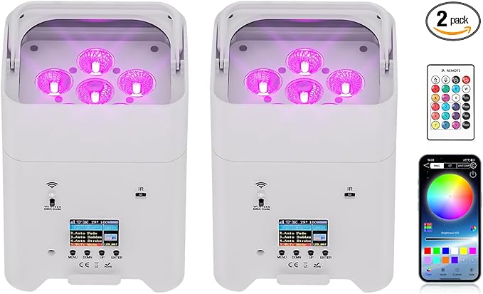 Battery Powered Stage Lights, 9600mAh Rechargeable Par Can Lights 6x18W RGBWA+UV APP/Remote/DMX512/Sound Activated, Uplights for Events Party Wedding DJ Concert Christmas Dance White 2Pcs