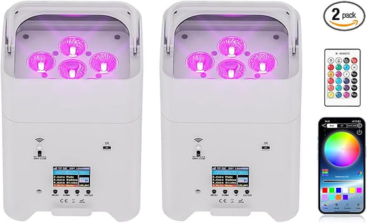 Battery Powered Stage Lights, 9600mAh Rechargeable Par Can Lights 6x18W RGBWA+UV APP/Remote/DMX512/Sound Activated, Uplights for Events Party Wedding DJ Concert Christmas Dance White 2Pcs