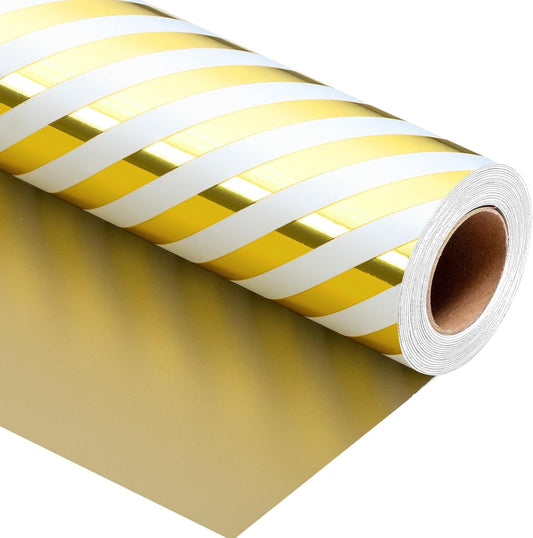 Burymento Platinum Stripe Wrapping Paper, Reversible Gold Gift Wrap for Birthday, Valentines, Mothers day, Graduation, Wedding, Fathers day, Baby Shower, Christmas (17in x 32.8ft)