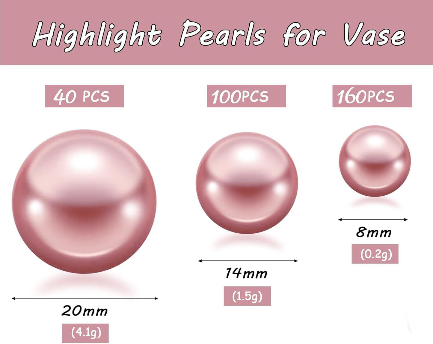 300Pcs Rose Gold Polished No Hole Faux Pearl Beads for Vase Filling Decorations, Plastic Pearls Vase Fillers, Table Scatters, Wedding Centerpiece, Home Decor, 8/14/20 mm