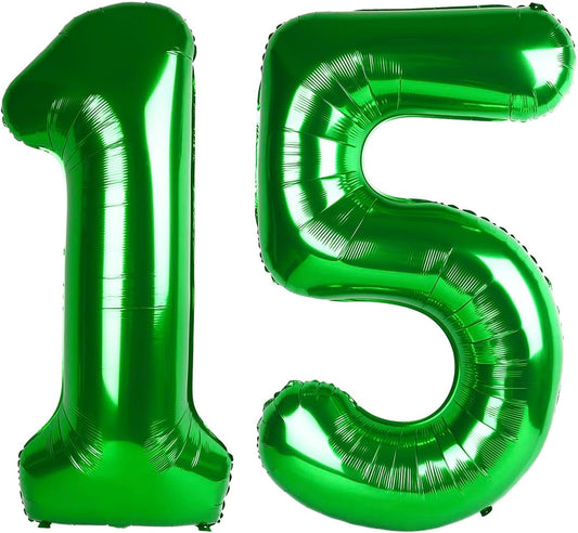 Green 40 Inch Large Number 15 Birthday Balloon, 15 51 Birthday Celebration Decorations, Foil 15 Mylar Helium Number Balloons Girl Boy Anniversary Party Supplies