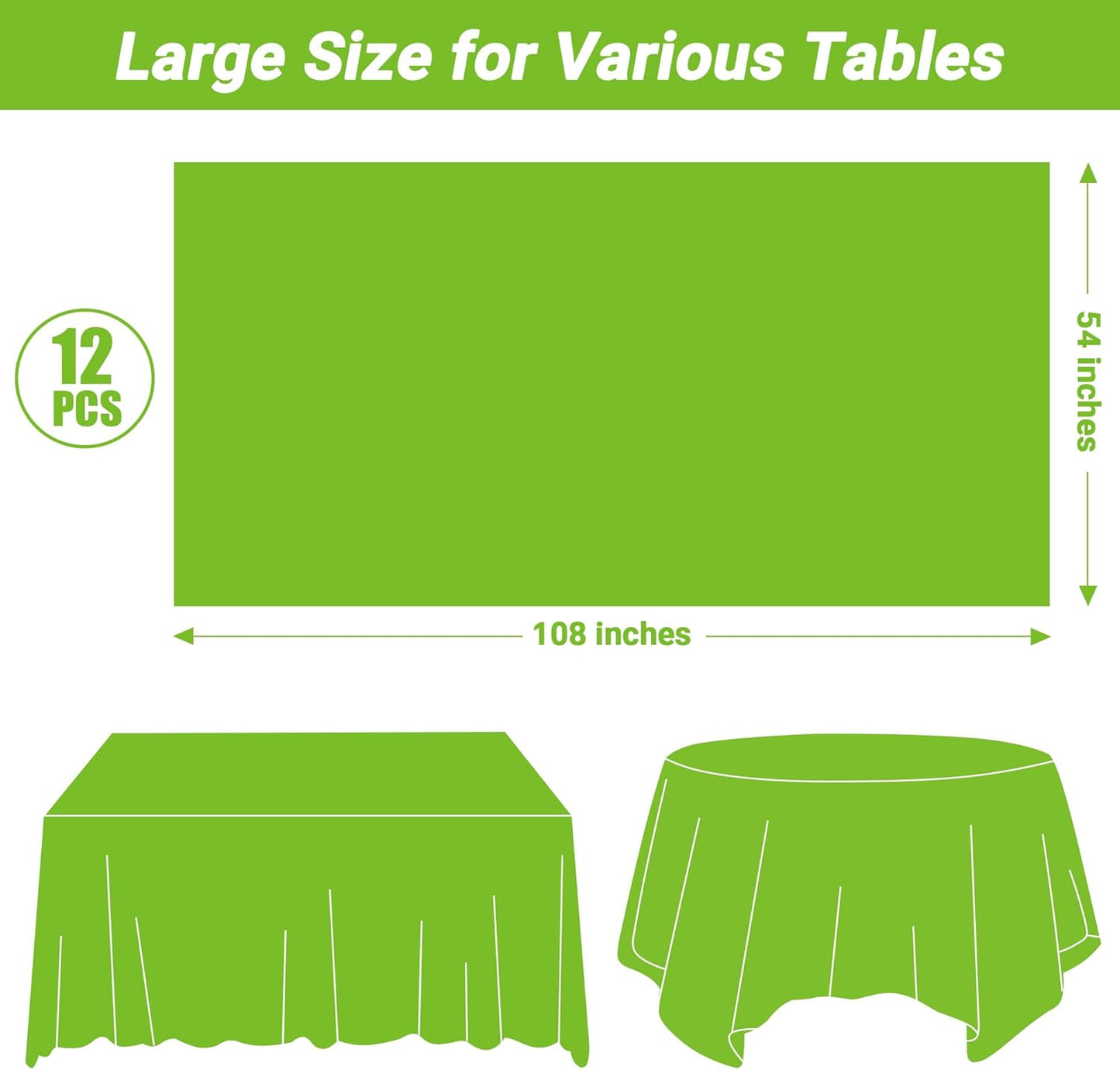 QZYL 12 PCS Bright Plastic Table Cover, 54 X 108 in Rectangle Disposable Table Cloth for Picnic, Light Green Plastic Tablecloth for Parties Weddings Graduation Birthday