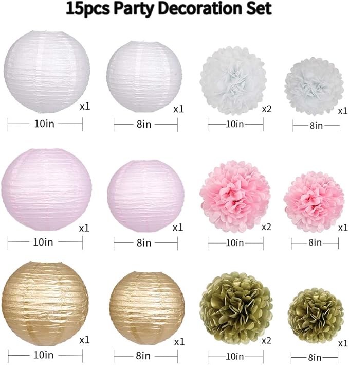 Pink and Gold Party Decorations, Pink Gold Paper Lanterns and Pom Poms Flowers for Birthday Baby Showers Engagement Tea Party Decor 15 Pieces