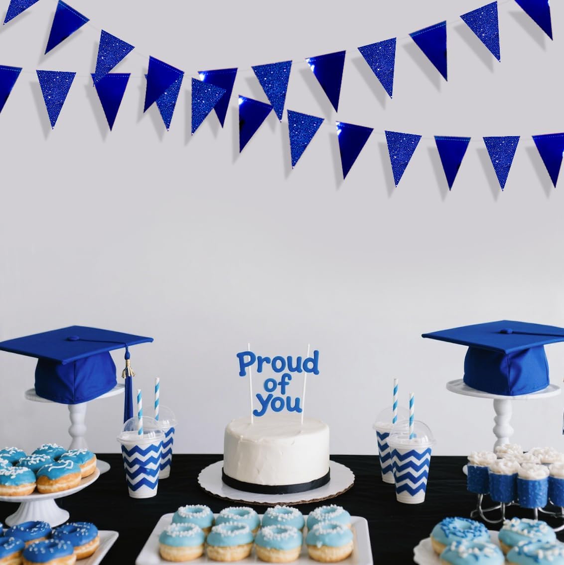 30 Ft Royal Blue Party Decorations Navy Blue Metallic Glitter Paper Triangle Banner Flag Garland Pennant Bunting for Graduation Birthday Wedding Bridal Shower Ahoy Achor Nautical Theme Party Supplies