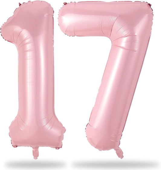 Large Light Pink 17 Balloon, Foil Number 1 & 7 Helium Balloon, 40 Inch Mylar Self Inflating Number 17 Balloon Pastel Pink for Girls 17th Birthday Party Decor Women Anniversary Decorations Supplies