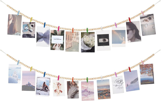 Mkono Hanging Photo Display with Clips, Boho Wooden Bead Garland Banner, Collage Card Picture Kids Art Holder String with 10 Clips for Christmas Bedroom Dorm Decor, Teen Girl Gifts, Mutil, 2 Pack