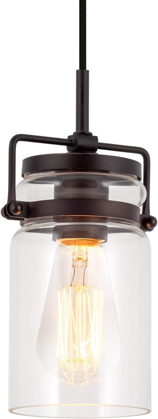 Kira Home Wyer 8" Modern Industrial/Farmhouse Pendant Light + Mini Clear Glass Cylinder Shade, Dimmable Adjustable Wire, Oil Rubbed Bronze Finish