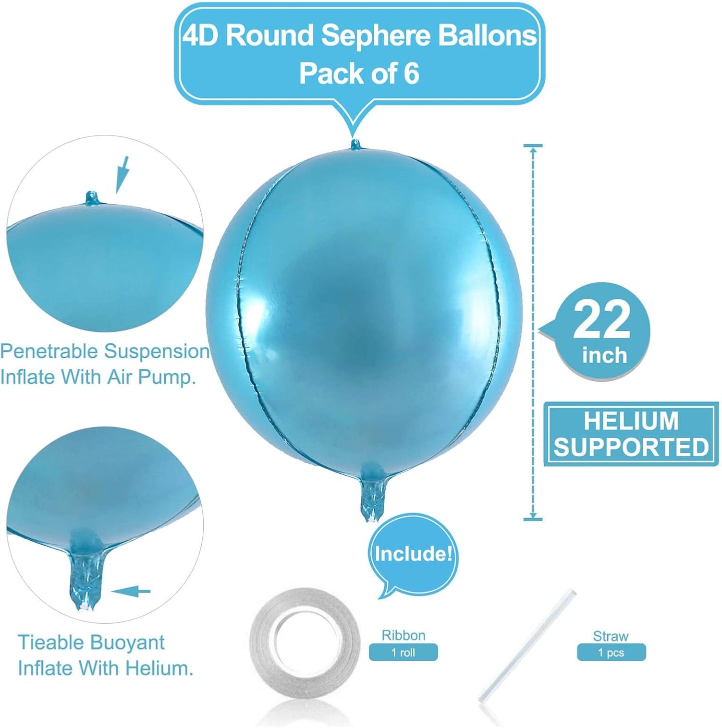 6 Pack Pearl Blue 22 Inch 4D Foil Balloons Big 360 Degree Round Sephere Mylar Balloons Mirror Finish Metallic Balloons for Wedding,Birthday,Bachelorette,Baby Shower Decorations Party Supplies