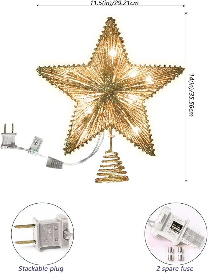 LAMPHOME 14" 10L Lighted Gold Glitter Thread Christmas Star Tree Topper,Warm White