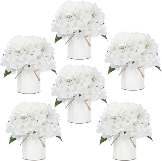 Flower Table Centerpieces - Set of 6 Floral Arrangement Artificial Wedding Hydrangeas Floral Arrangement with Rustic Metal Vase for Bridal Tea Party Event Decorations - White