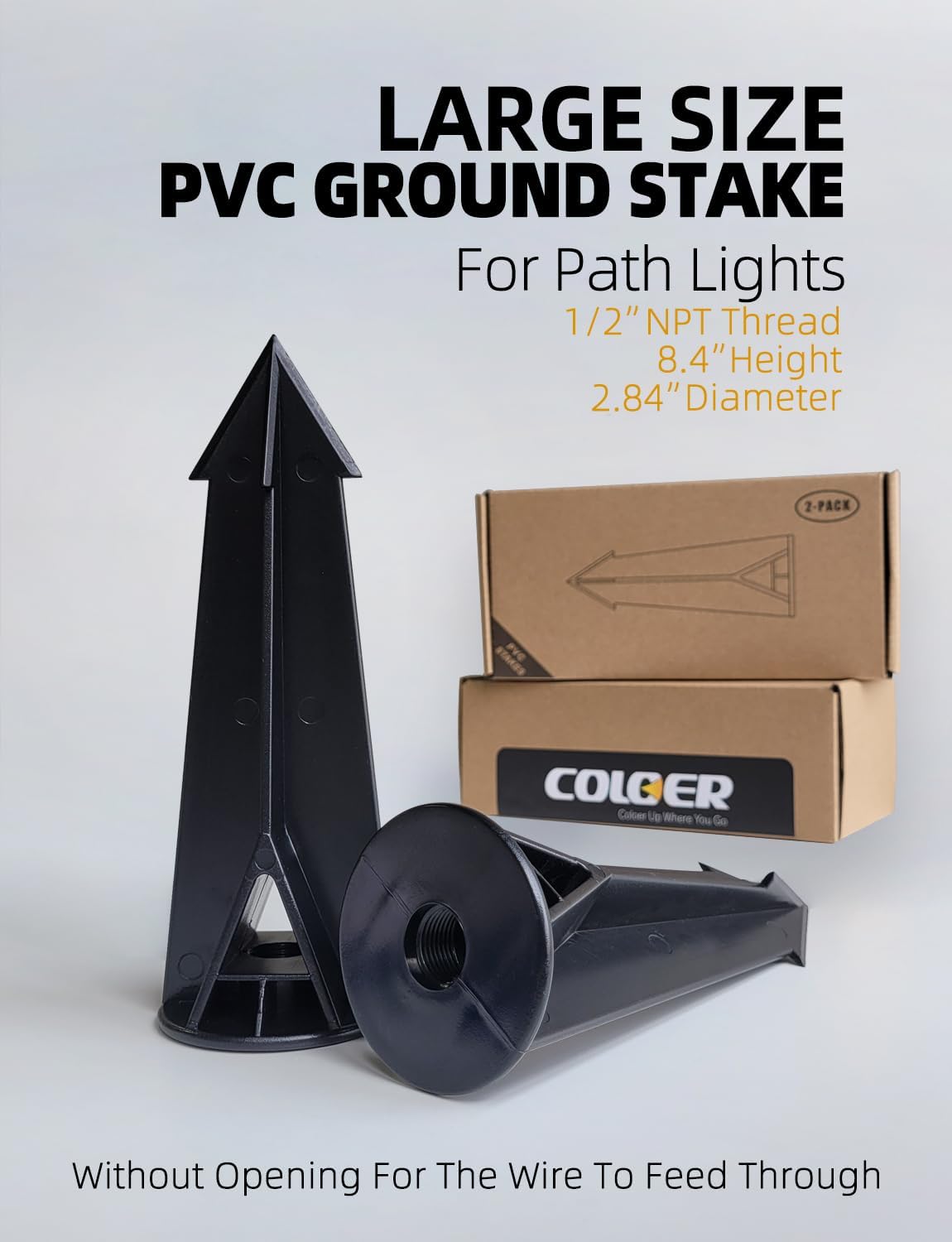COLOER Large Landscape Lights 8 Inch In-Ground Stake Spikes Replacement 1/2" NPS Thread Without Side Wire Way, Universal Slot Large Ground Stakes Heavy Duty for Outdoor Garden Lights(2 Pack)