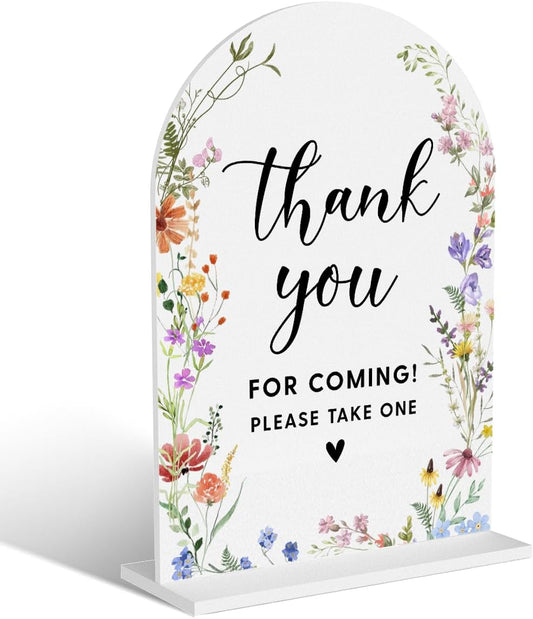 Acrylic Wedding Signs, Thank You for Coming Signs for Marriage Reception, Bridal Shower Decorations, Modern Arched Round Top Acrylic Table Top Sign with Holder for Wedding Party (White Wildflowers)