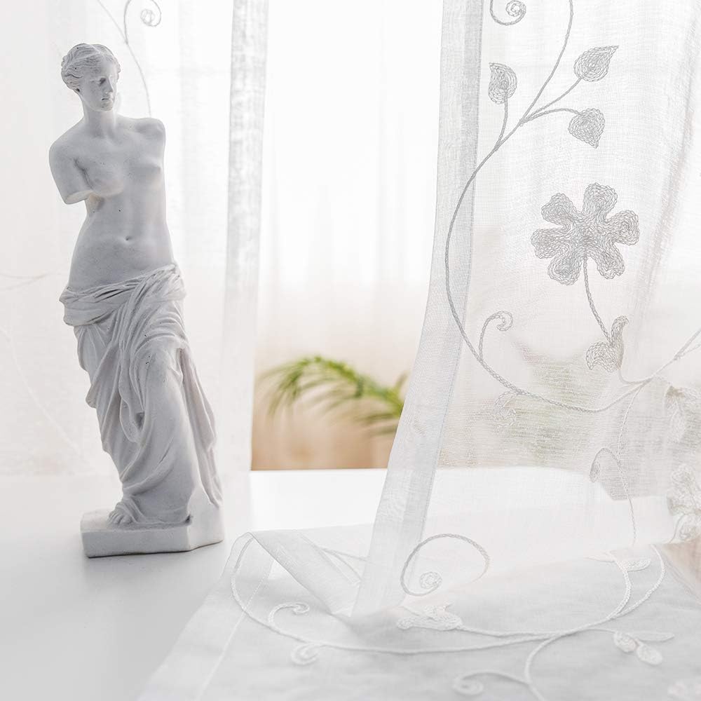 Floral Embroidery Sheer Curtains White 63 Inch Length, Rod Pocket Voile Drapes for Living room, Bedroom, Window Treatments Semi Crinkle Curtain Panels for Yard, Patio, Villa, Set of 2, 52"x 63".