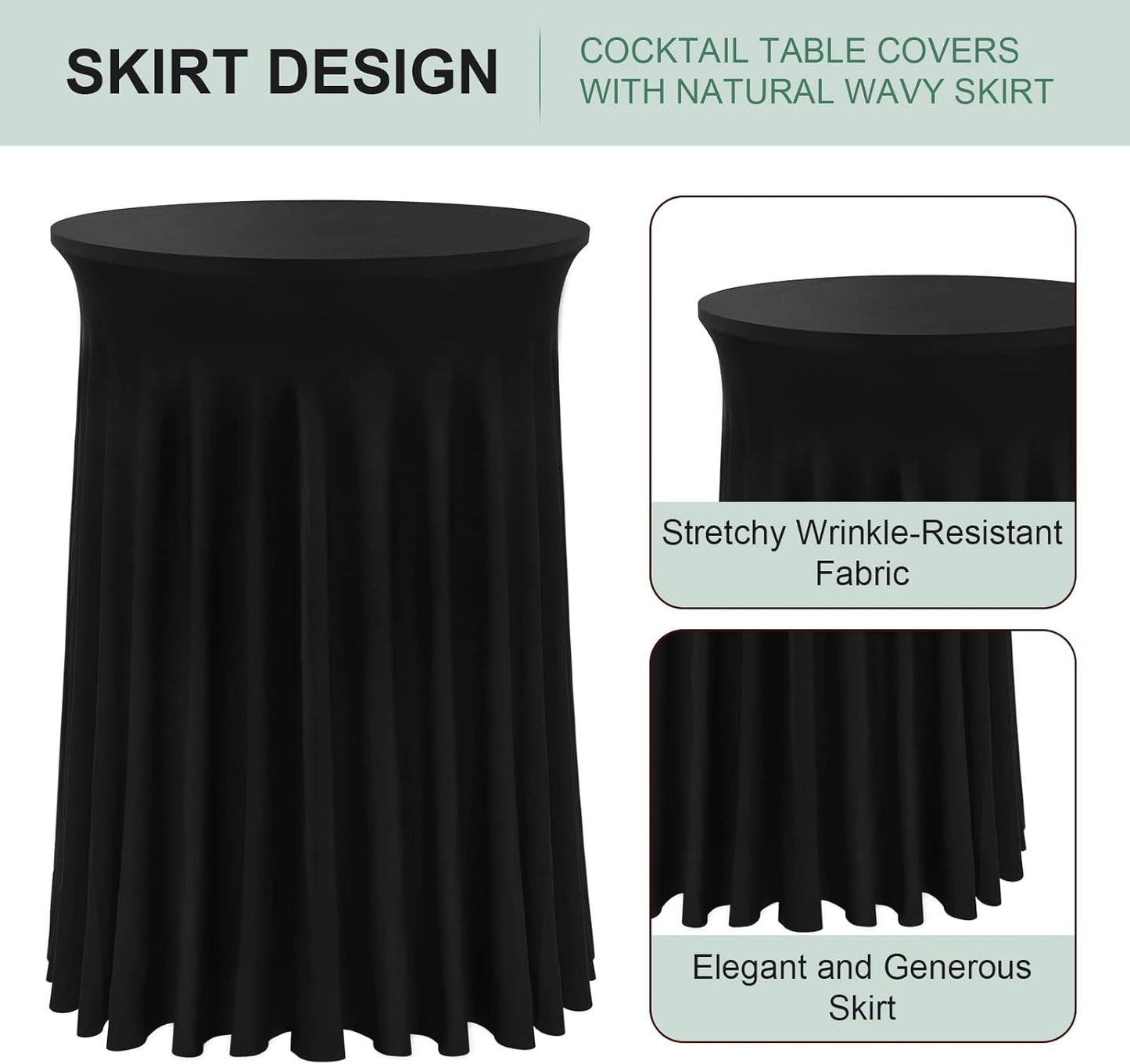 Cocktail Table Covers - 2 Pack 32"x 43" Black Cocktail Table Tablecloth with Natural Wavy Round Skirt for Bar Wedding Party Banquet