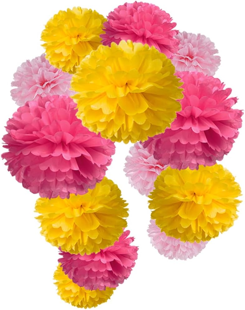Hot Pink Yellow and Pink Tissue Paper Pom Poms Flower for Baby Shower Spring Summer Birthday Wedding Groovy Theme Party Decoration, 12pc