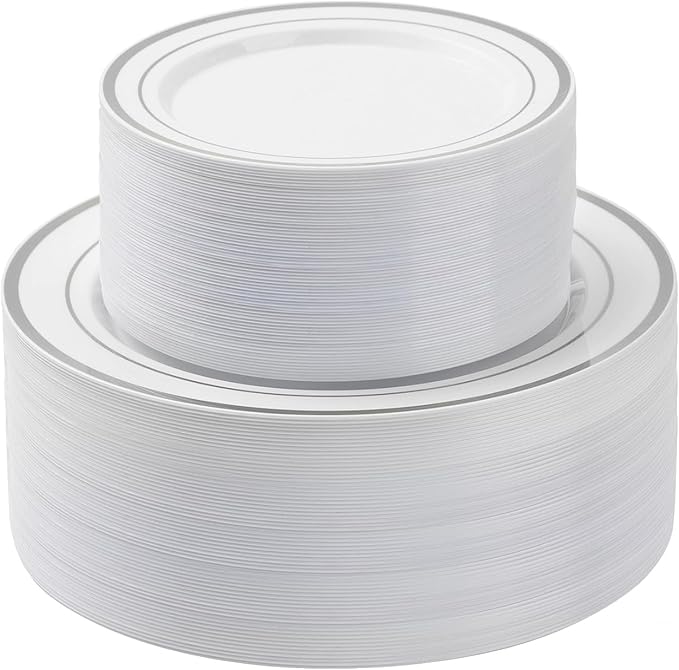 BESTSTAR 100PCS Silver Plastic Plates Set, 50 10.25 inch Dinner Plate and 50 7.5 inch Dessert Plates, Premium Disposable Plates for Party, Wedding