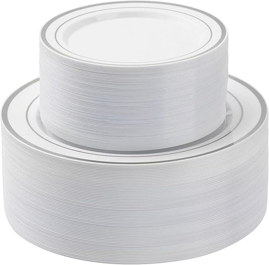 BESTSTAR 100PCS Silver Plastic Plates Set, 50 10.25 inch Dinner Plate and 50 7.5 inch Dessert Plates, Premium Disposable Plates for Party, Wedding