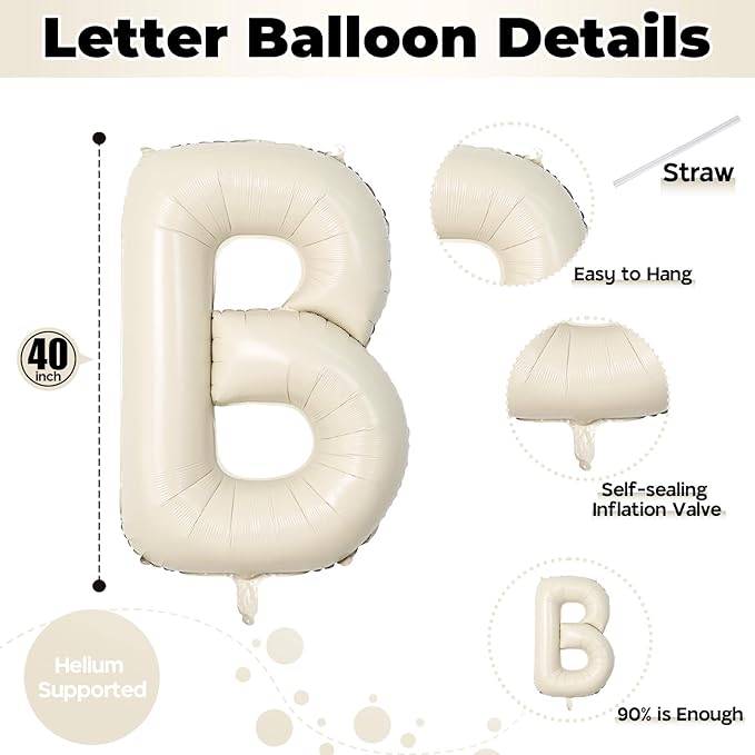 40 Inch Beige BABY Balloon for Baby Shower, Large Cream White Baby Foil Balloons Letters with Ribbon, Neutral Ivory Alphabet Baby Mylar Balloon Banner Sign for Gender Reveal Backdrop Party Decorations