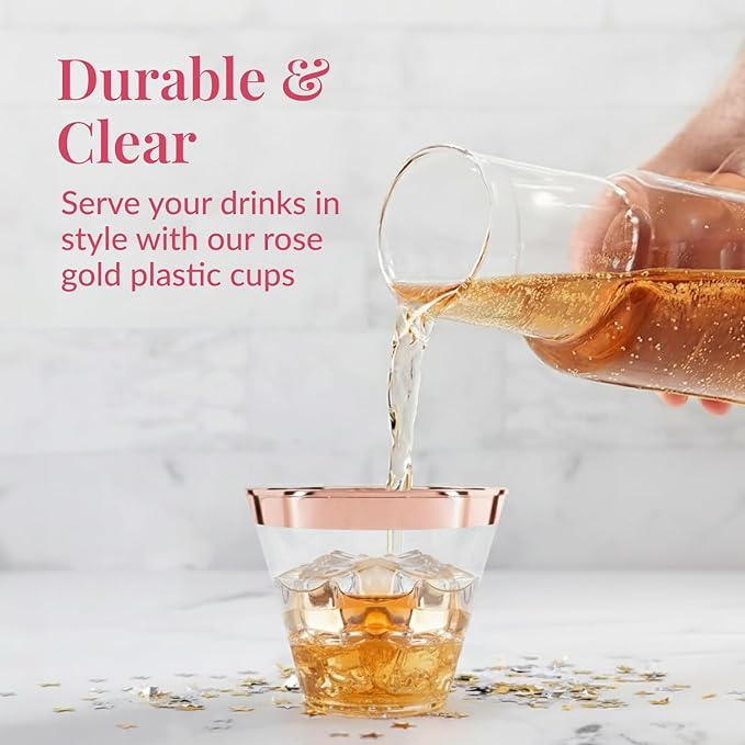 Prestee 100 Rose Gold Plastic Cups - Rose Gold Plastic Cups 9 oz - Party Decorations - Disposable Wine Cup - Clear Cup - Bulk Party Wine Glasses