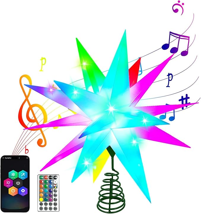 Christmas Tree Topper Star, Smart LED Lighted Christmas Treetop Decorations with Remote, Bluetooth App Control-Music Sync Color Changing, Hanging Star Decor for Indoor/Outdoor-16 Inches