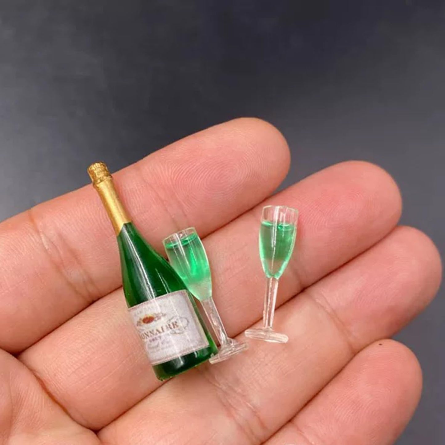 Miniature Champagne Bottle with 2 Glasses, 1:12 Dollhouse Decor, Green Resin, 1 Champagne Bottle with 2 Glasses