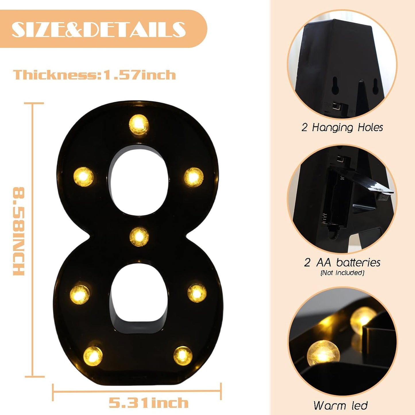 LED Marquee Numbers, 8.58 Inch Led Light Up Numbers for Party, Small Light Up Letters, Battery Powered Lighted Number for Table, Birthday, Night Light, Christmas or Home Decor (Black, Number 8)