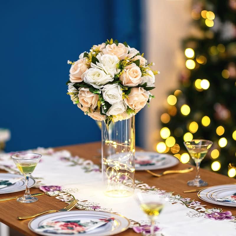 Flower Balls Wedding Rose Centerpieces: 2 Pcs Fake Flowers with Base Kissing Balls Decor Champagne White Artificial Floral Arrangements Flower Bouquet of Roses Home Party Table DIY Decorationss