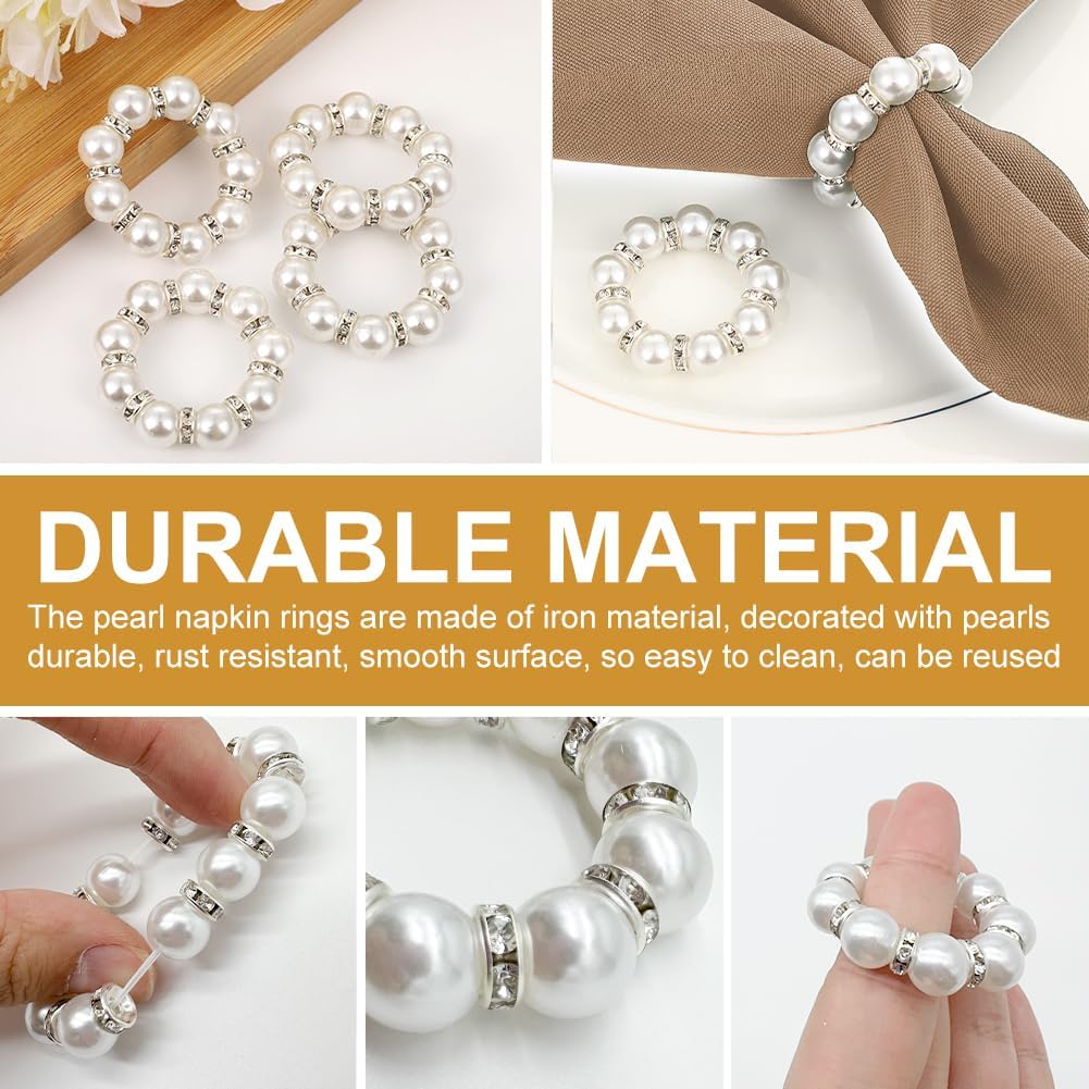 12Pcs Pearl Napkin Rings, Round Napkin Buckles Wedding Beaded White Napkin Rings Silver Napkin Ring Holder for Formal Dinner Reception Party Banquet Table Decor (Sliver)