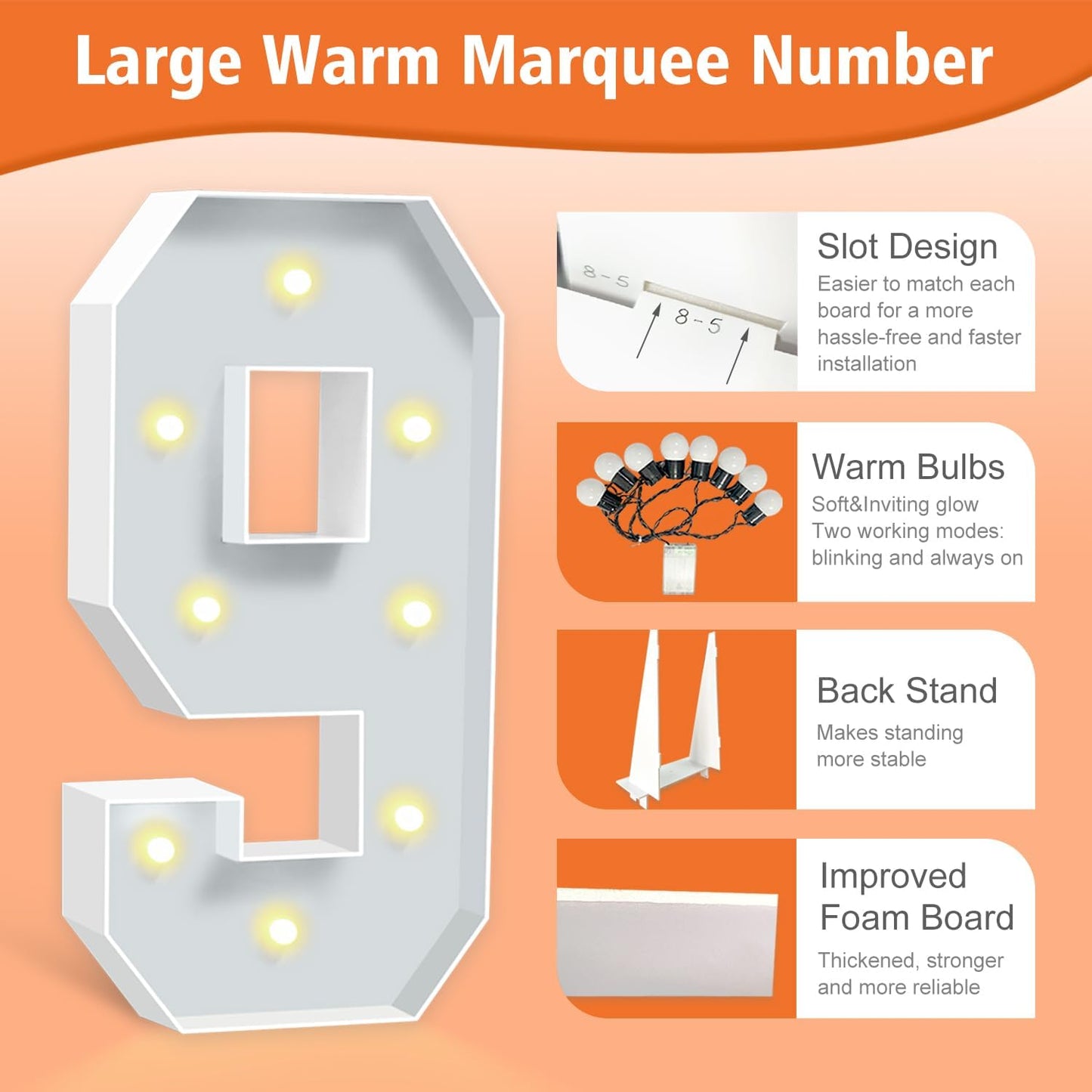 3ft Light Up Numbers, White Marquee Numbers Frame for 9th 19th 29th Boys Girls Birthday Party, Large Number for Decorations Anniversary Decor, DIY Pre-Cut Thick Foam Board Number 9