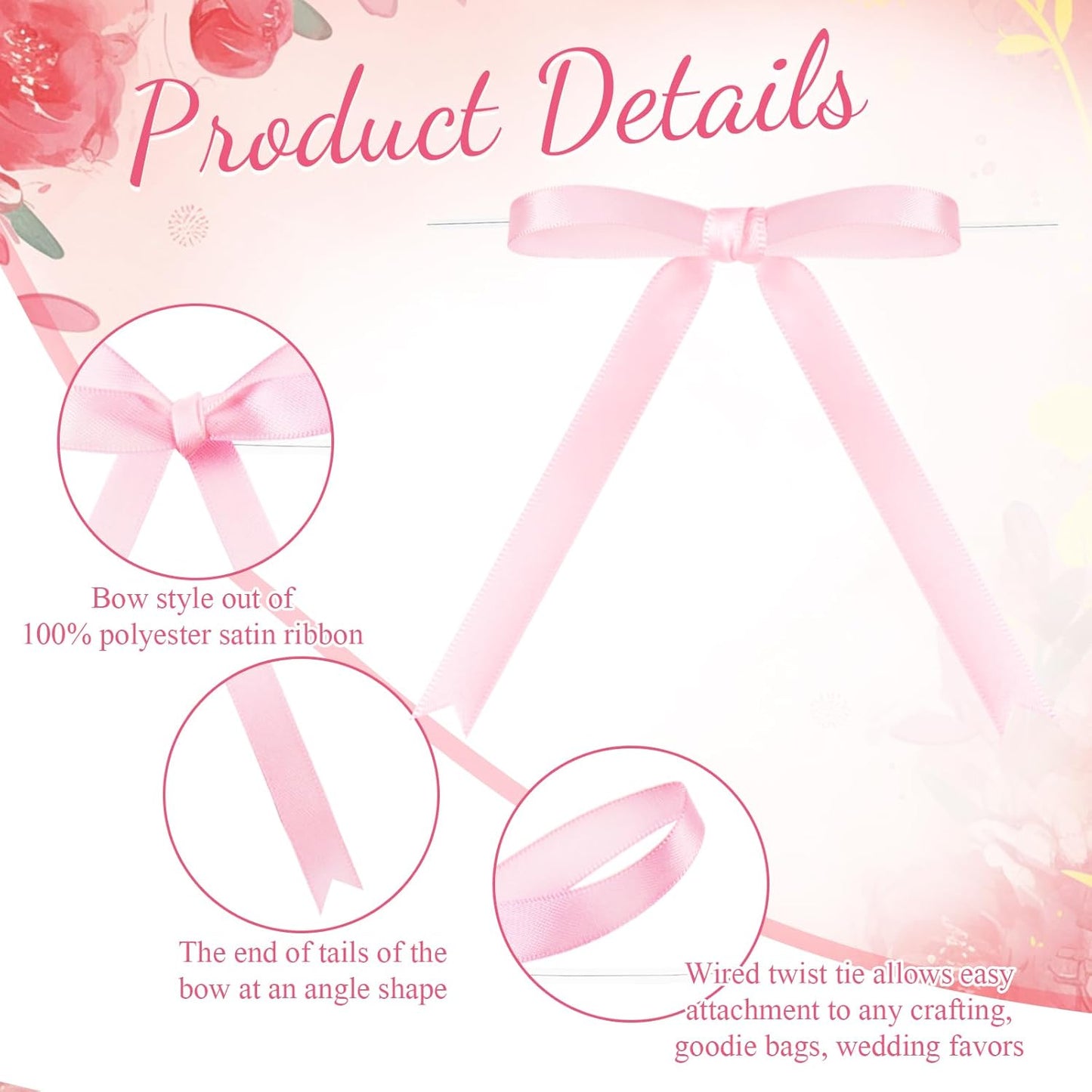 Riceshoot 50 Pcs Twist Tie Bows for Cake 3x4.5 Inch Satin Ribbon Bows for Gift Wrapping Treat Bags Craft DIY Wedding Baby Shower Birthday Party(Pink)