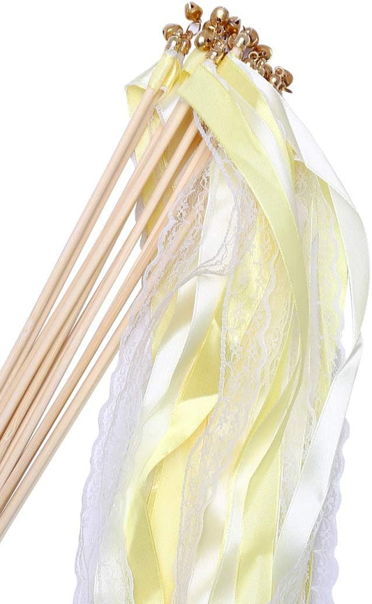 30pcs Lace Ribbon Stick Wands Christmas Birthday Party Streamers Wands Fairy Stick for Wedding Activities (Yellow+Lace)