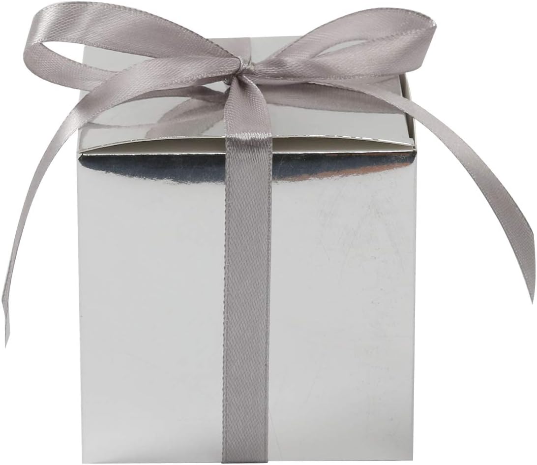 COTOPHER 60pcs Small Gift Boxes, Favor Boxes 2x2x2 inches Paper Gift Boxes with Ribbons Candy Box for Wedding Favors Baby Shower Bridal Shower Birthday Party (60 Metallic Silver)