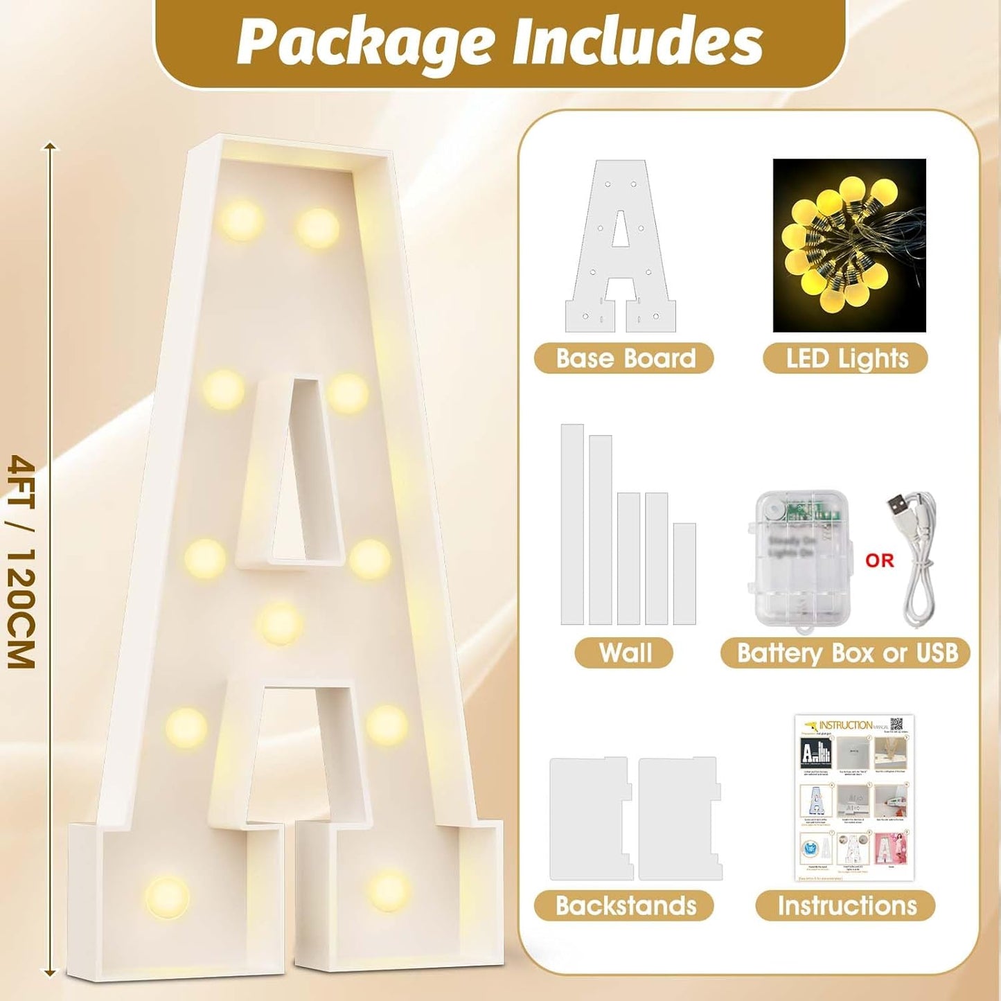 Ledido Marquee Letters 4FT Light Up Letter Marquee Lights Sign, 4 Feet Tall Large Light Up Signs Alphabet Letters Party Lights Decoration for Birthday Graduation Baby Shower Wedding Letter A