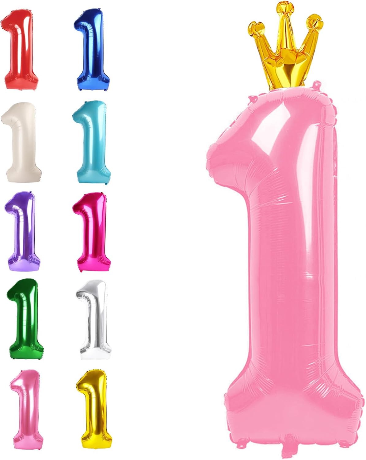Pink Crown Number 1 Balloon 40 inch, Number 1 Birthday Balloons for Boy Girl, Pink Crown Foil One Balloon for 1st 10 11 12 16 18 Birthday Party, Anniversary Celebration Numbers Decorations
