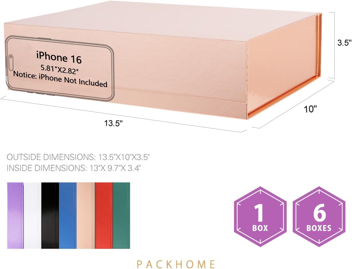 PACKHOME 6 Large Gift Boxes 13.5x10x3.5 Inches, Sturdy Shirt Boxes with Magnetic Lids for Multiple Occasions (Glossy Rose Gold)