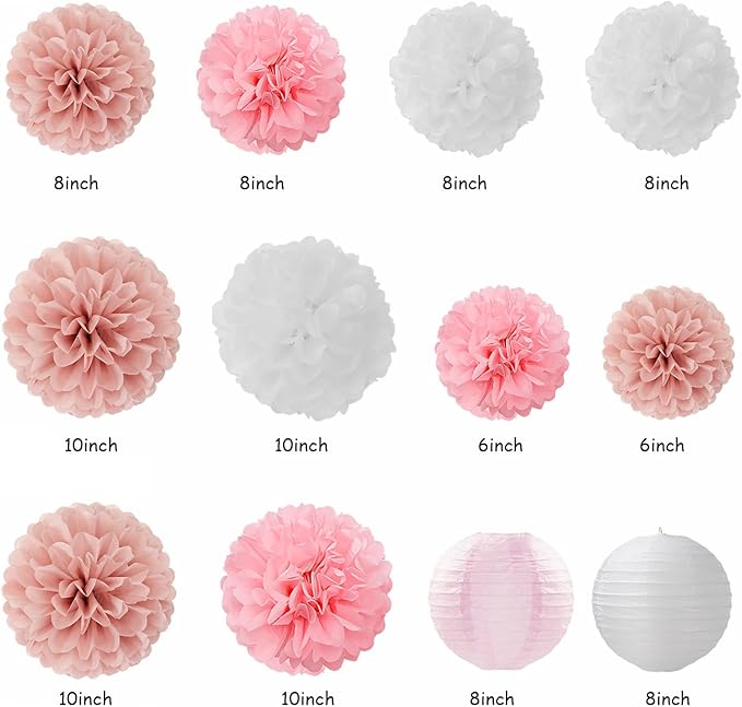Rose-Gold Pink-White Baby Shower Party-Decorations - 22pcs Girls Welcome Baby Banner, Paper Lanterns Streamers, Tissue Pom Poms Flowers Fans Decor Supplies Hugmoon