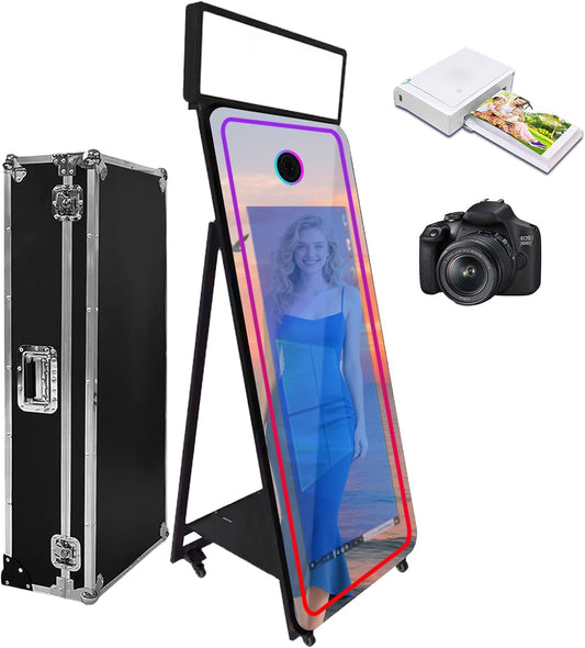 65''Magic Mirror Photo Booth Machine,Mirror Photo Booth 43''Touch Screen,Photo Booth with Flight Case,App Control,RGB Light for Wedding Party Events (Black, Machine+Camera+Mini Printer)