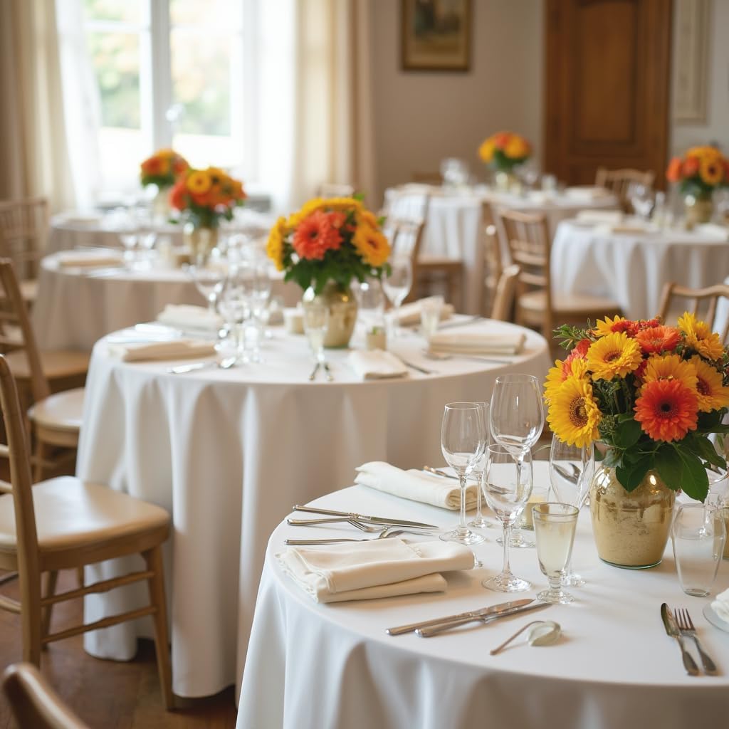 sancua Round Tablecloth - 90 Inch - Water Resistant Spill Proof Washable Polyester Table Cloth Decorative Fabric Table Cover for Dining Tables, Buffet Parties and Camping, White